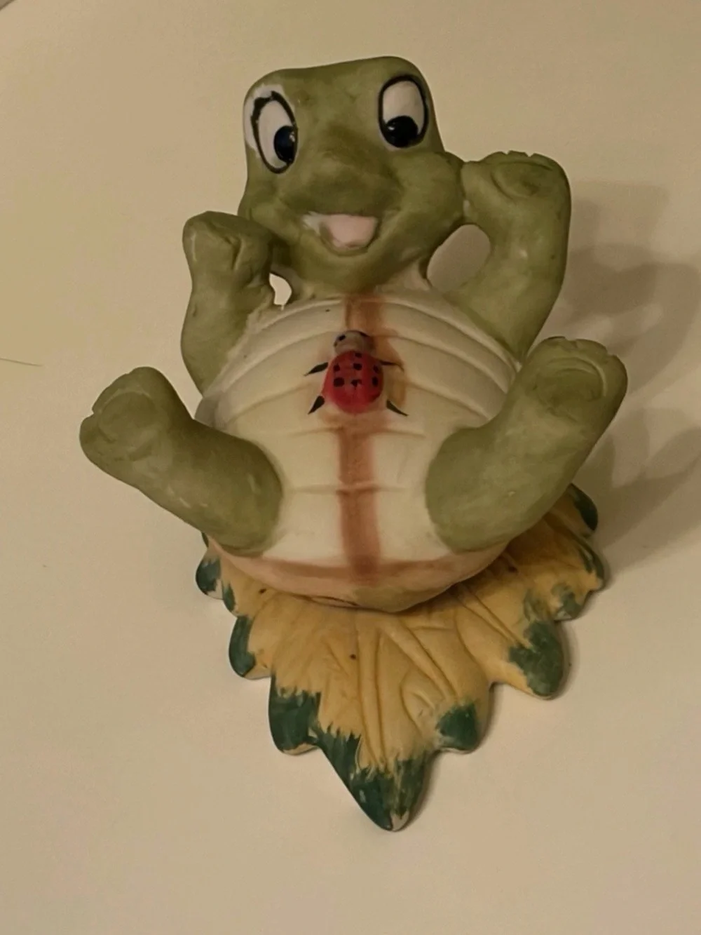 Cute Ceramic Turtle Figurine with Ladybug - Green & Cream